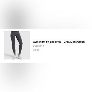 GYMSHARK FIT LEGGINGS, SIZE LARGE, GREY WITH LIGHT GREEN WAISTBAND.